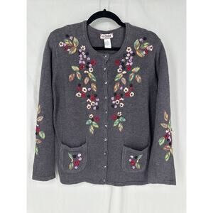 90s Vintage Cardigan Sweater Womens Medium Gray Floral Button Cottage Boho Cabin